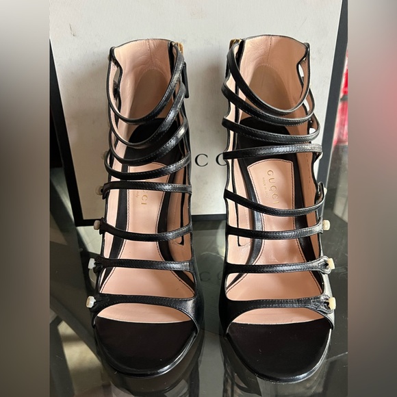 Gucci Black Leather Aneta Open Toe Zipper Sandals Size 39 - Picture 2 of 13